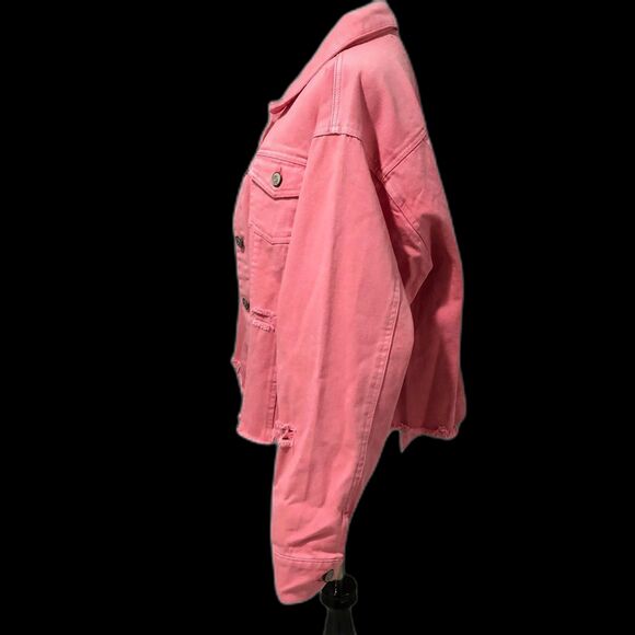 NWT White Birch Black Label Pink Distressed 100% Cotton Oversized Denim Jacket M - Picture 2 of 13